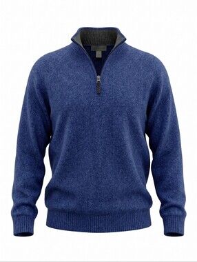 R & R Casual Men's Indigo Quarter-Zip Knit Sweater 100% Merino Wool Men's MED
